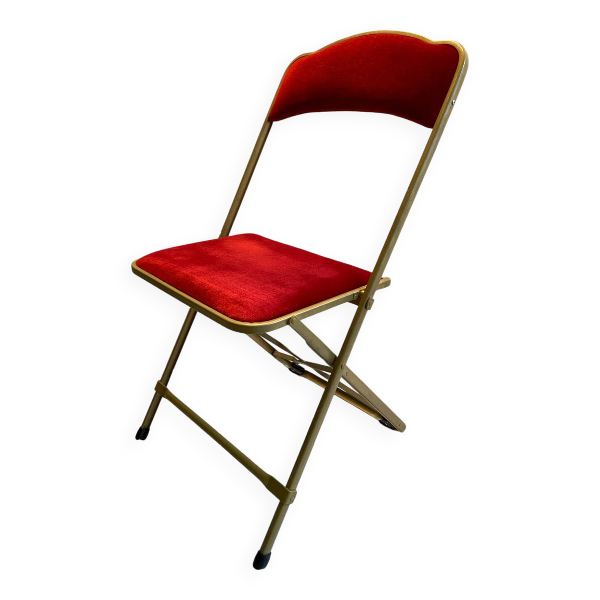 Velvet folding chair with gold metal.