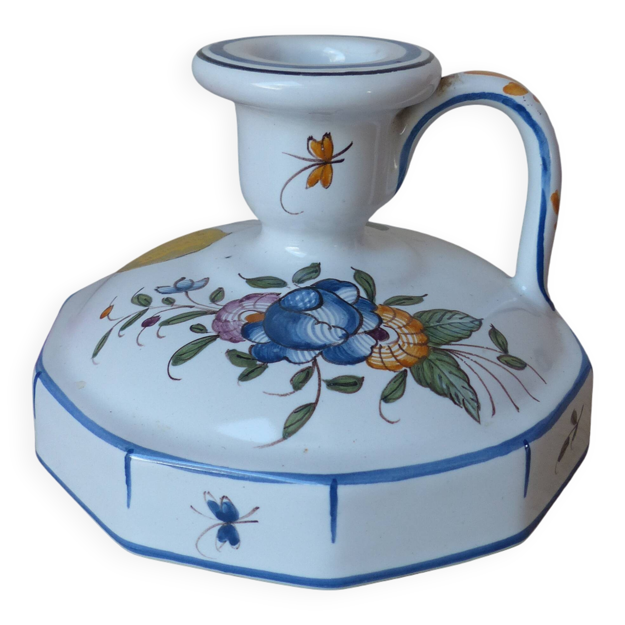 Malicorne earthenware candle holder by Emile Tessier with floral decoration