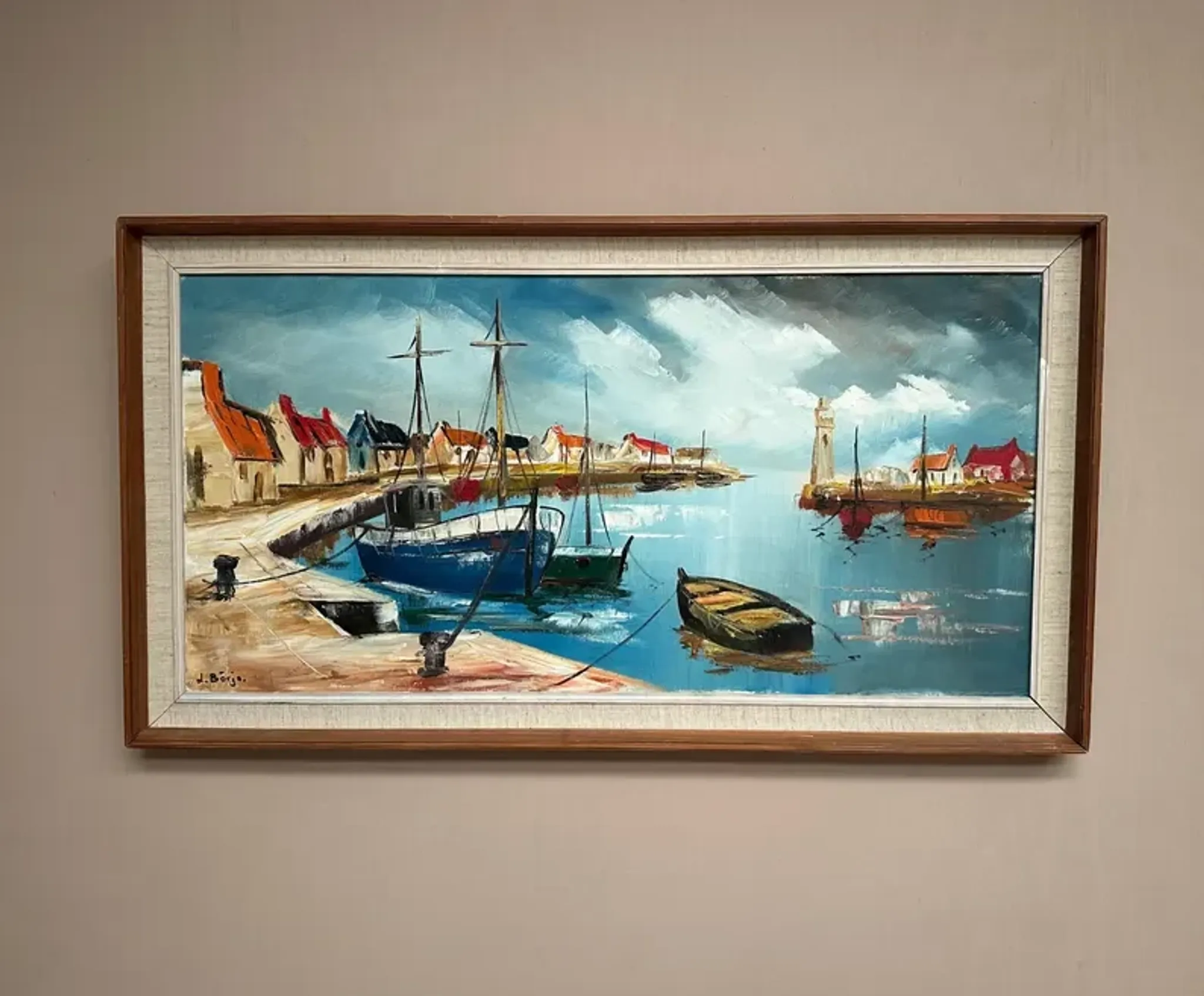 Original Swedish Oil on Canvas – “Boats” by Lennart Börje – Signed – Vintage & Framed 88.5 cm x 48.5 cm (34.8" × 19")