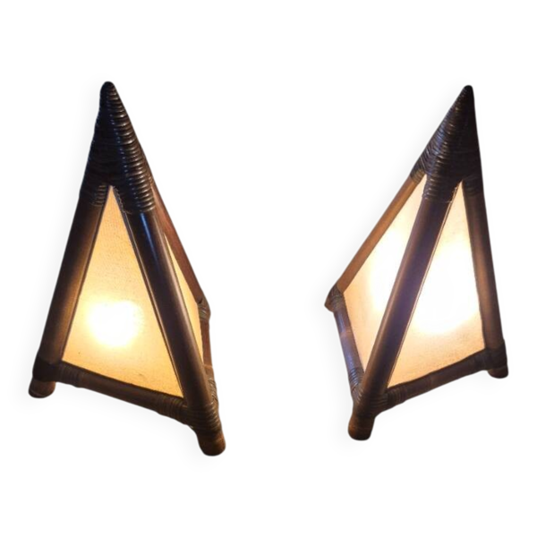 paires de lampe pyramide en bambou et tissue 1960/1980