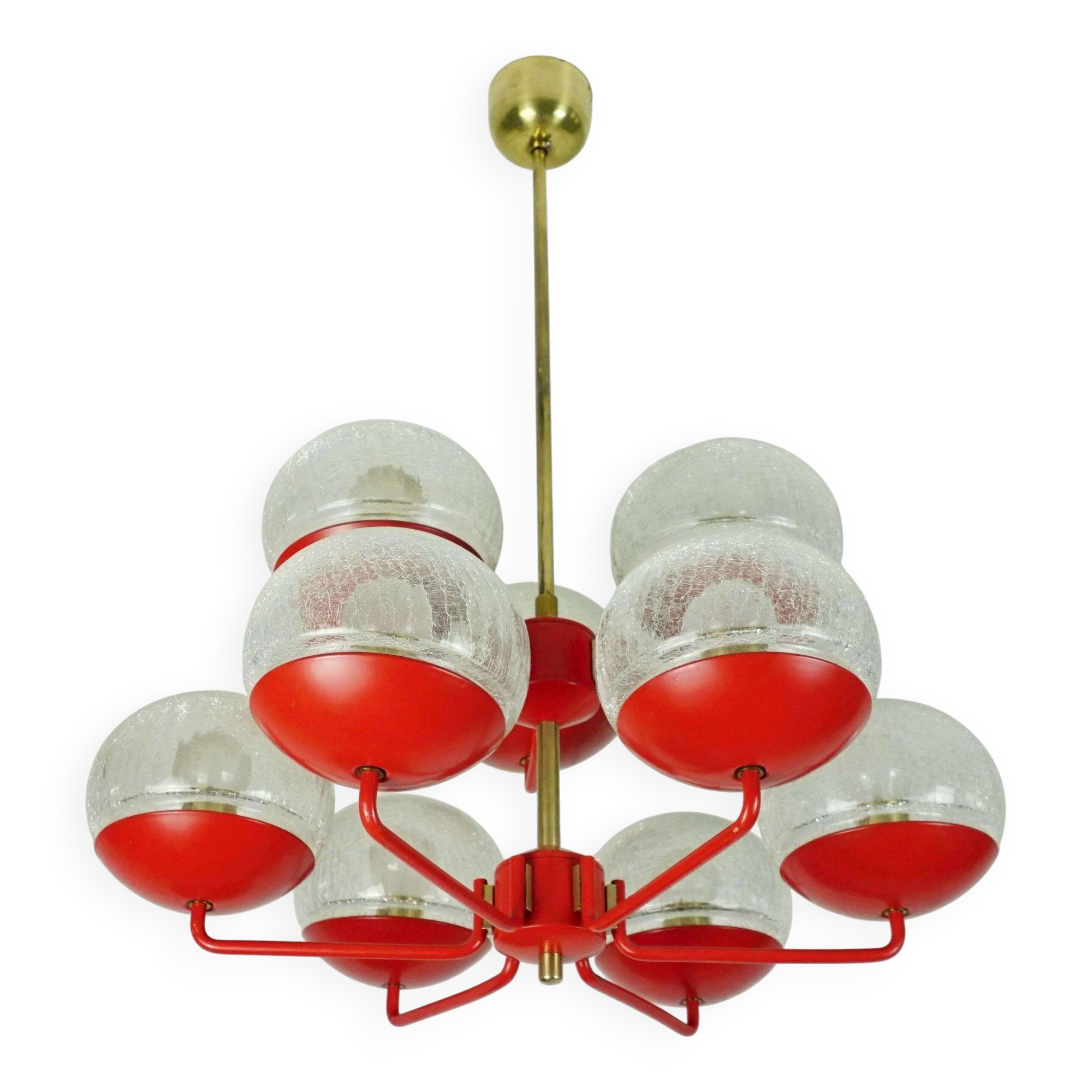 1960s chandelier, red metal and brass, 9 crackle glass shades