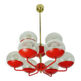 1960s chandelier, red metal and brass, 9 crackle glass shades