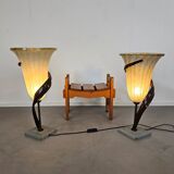 Large Jugendstil floor / table lamps, Roberto Galli, stone base with Italian glass shade