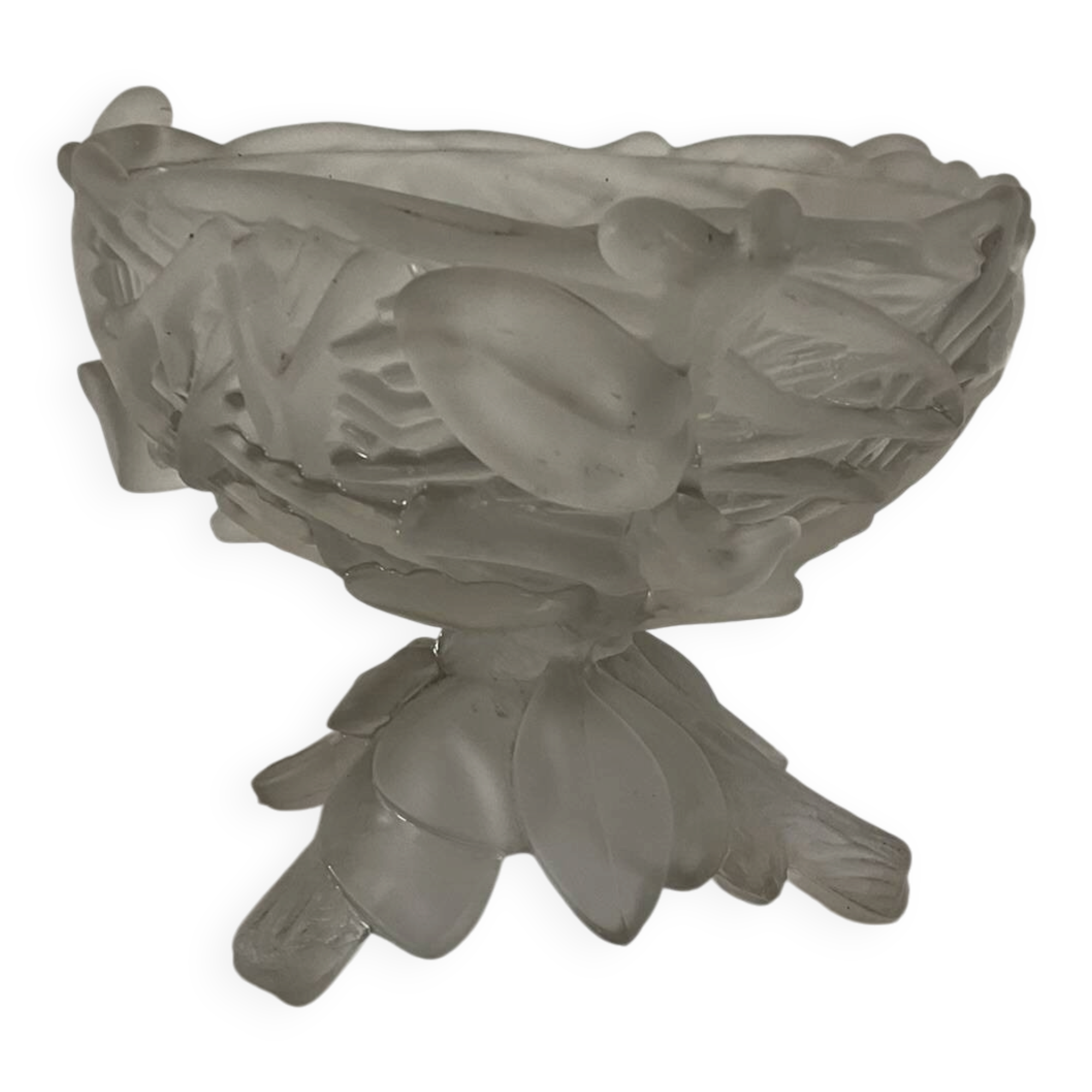 Vintage frosted glass coupe with a fruit and foliage design.