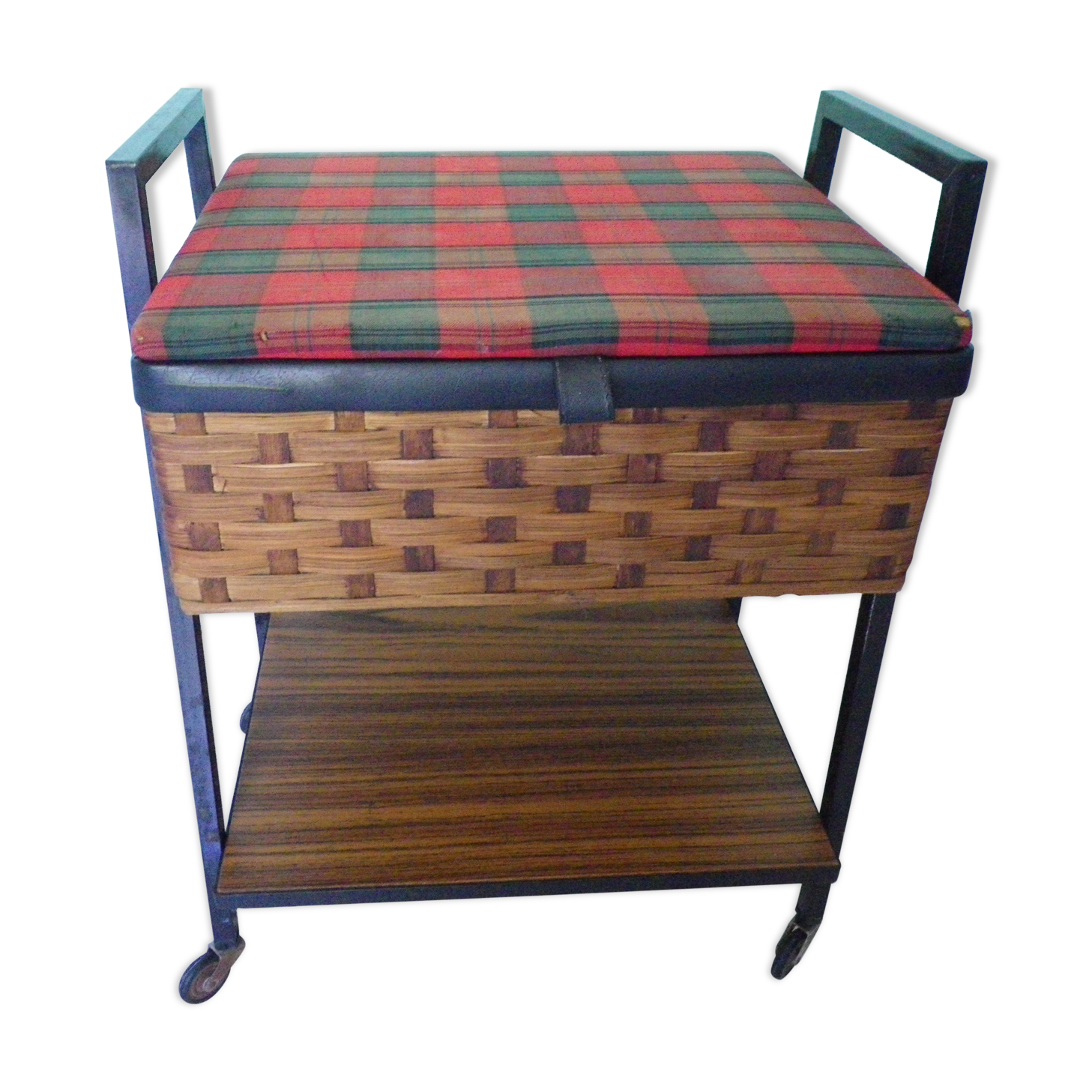 Vintage worker on wheels, rattan, fabric, skaÏ, metal with formica shelf