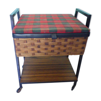 Vintage worker on wheels, rattan, fabric, skaÏ, metal with formica shelf