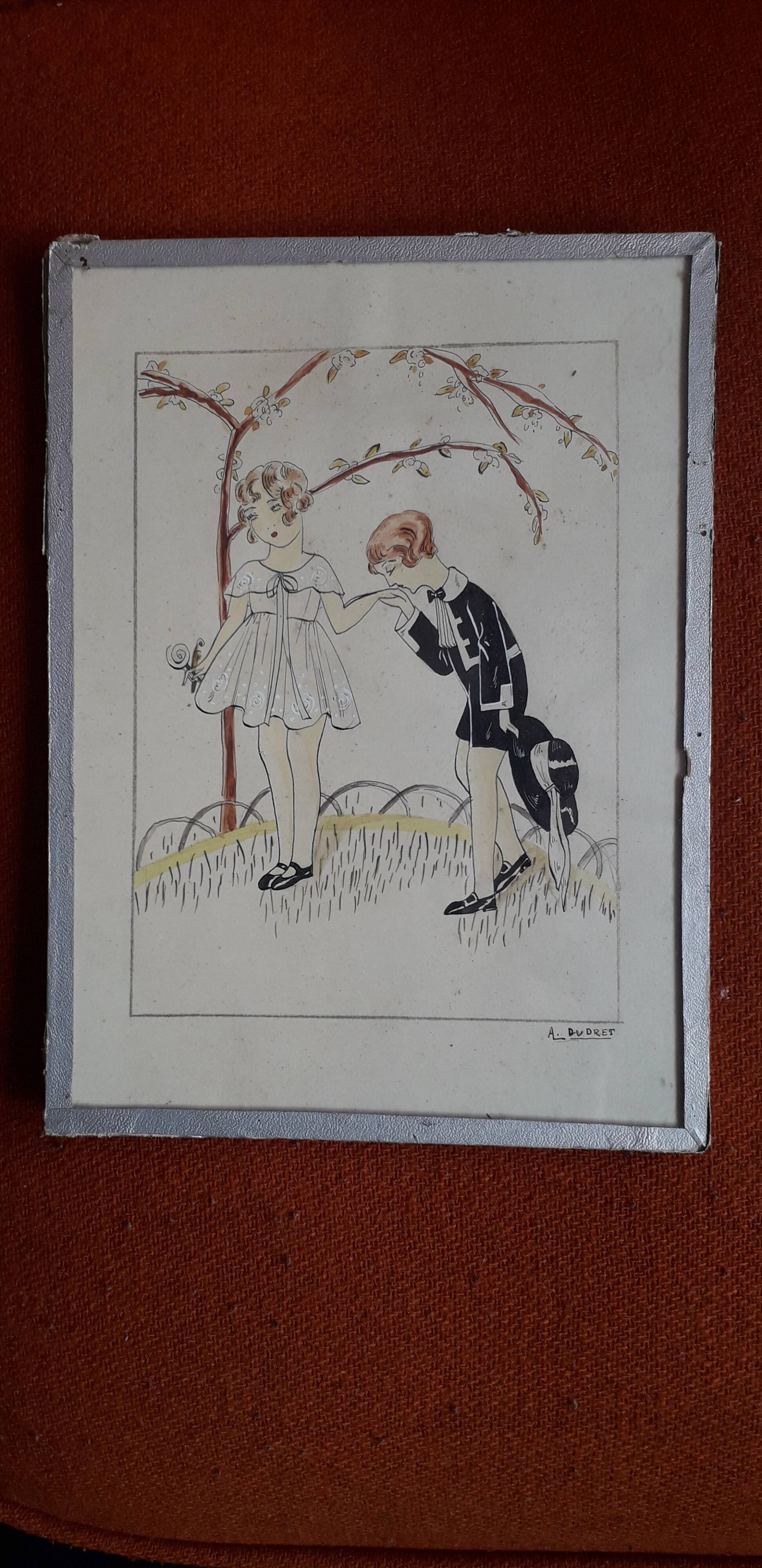 Illustration des années 30 représentant 2 personnages signée Dudret