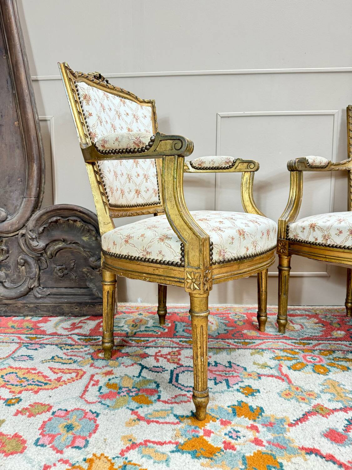 Pair of louis xvi style gilded wood armchairs, 19th century