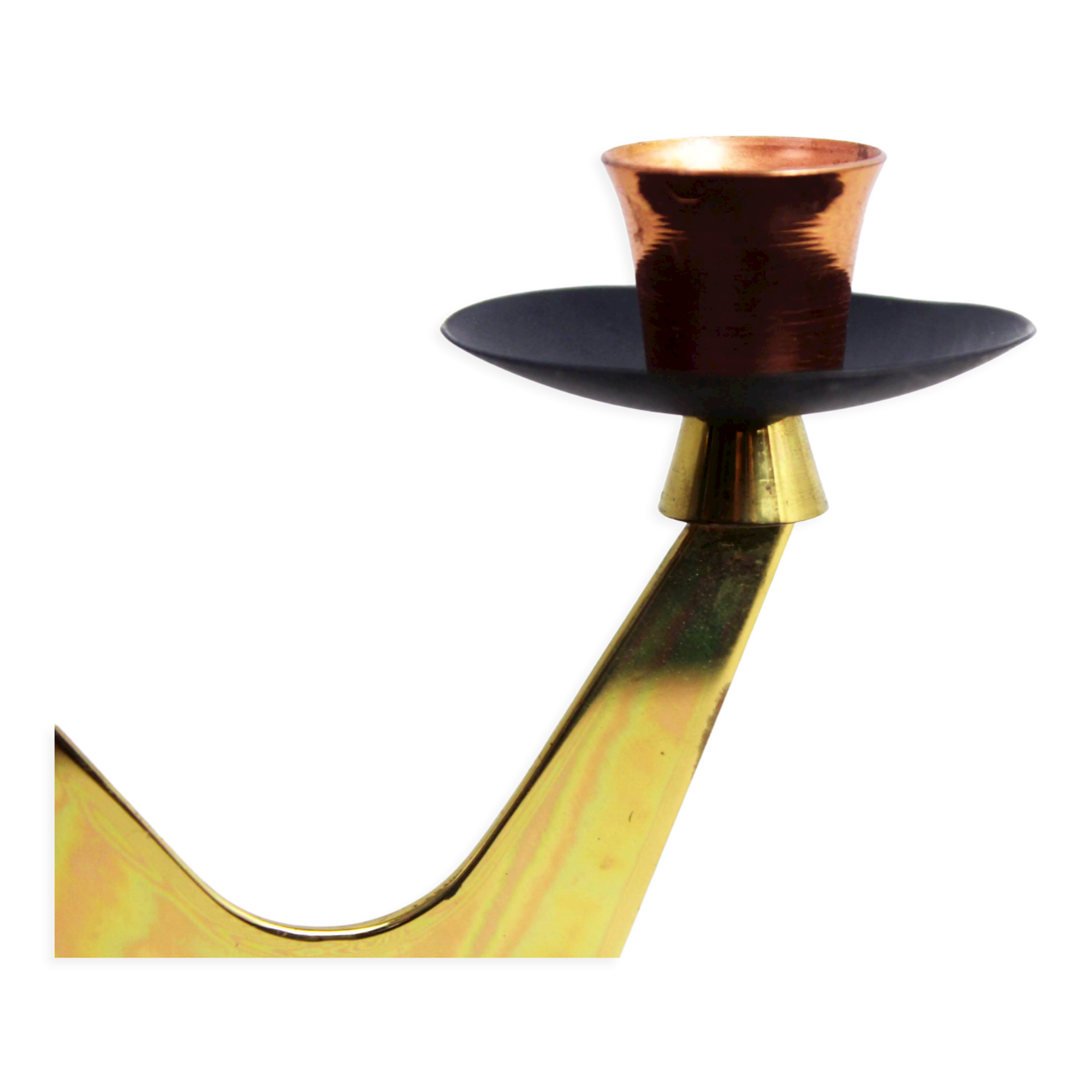 Double teak and brass candle holder