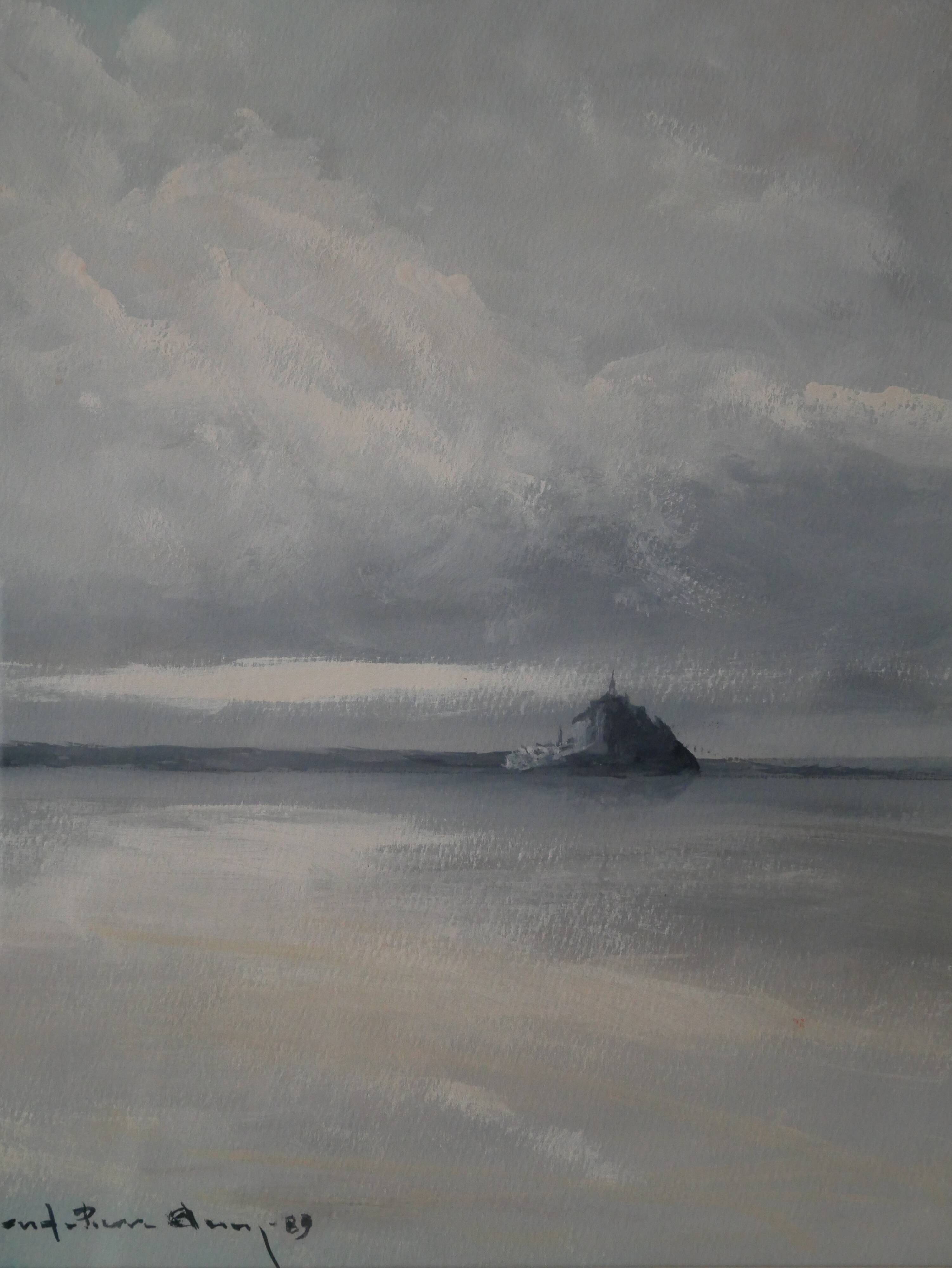 Painting by artist painter Le Mont Saint-Michel, golden frame, 90s, shade of gray