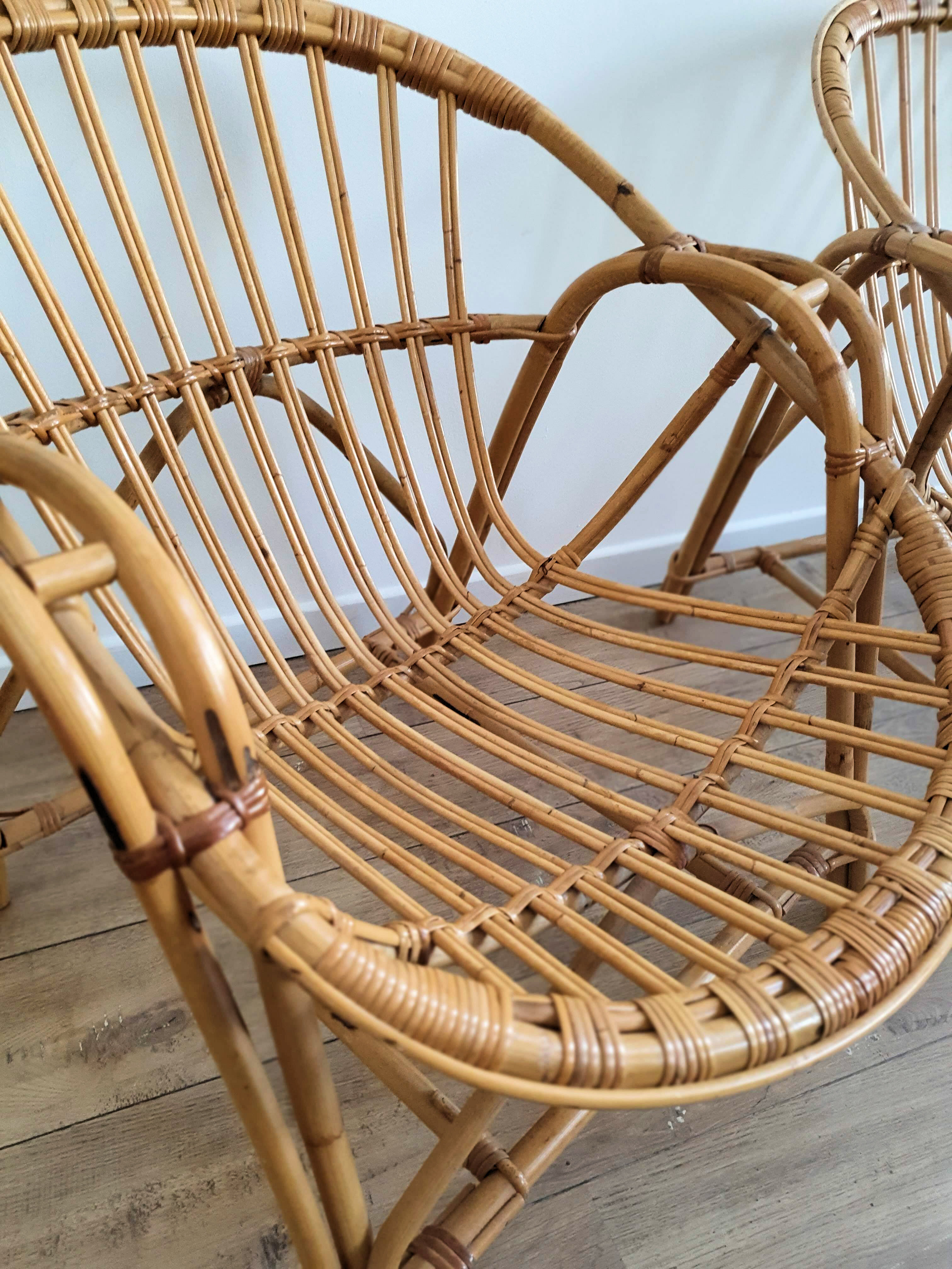 Duo of rattan shell armchairs 1970