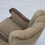 1960s, Danish armchair, original green furniture velour, carved oak wood.