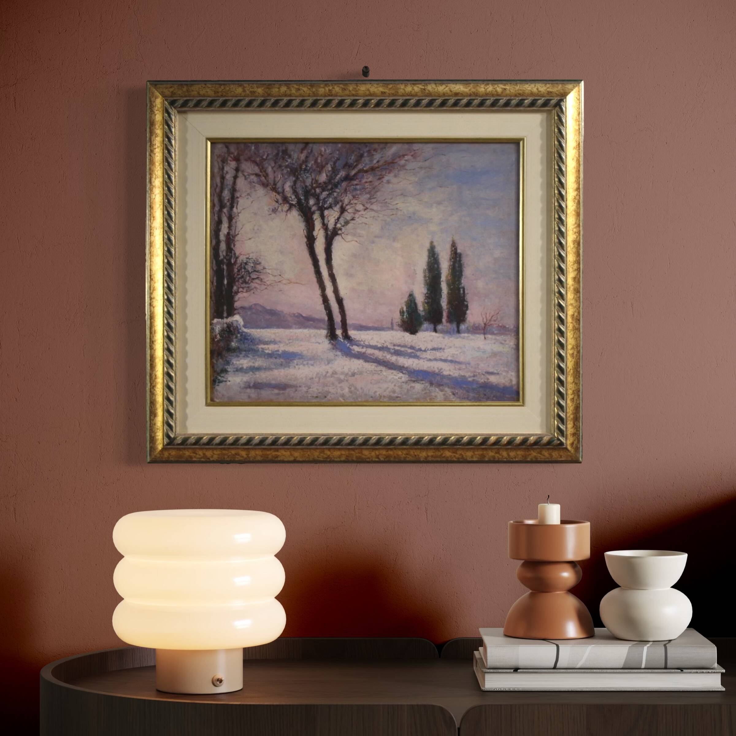 Peinture de paysage enneigé italien signée et datée de 1932.