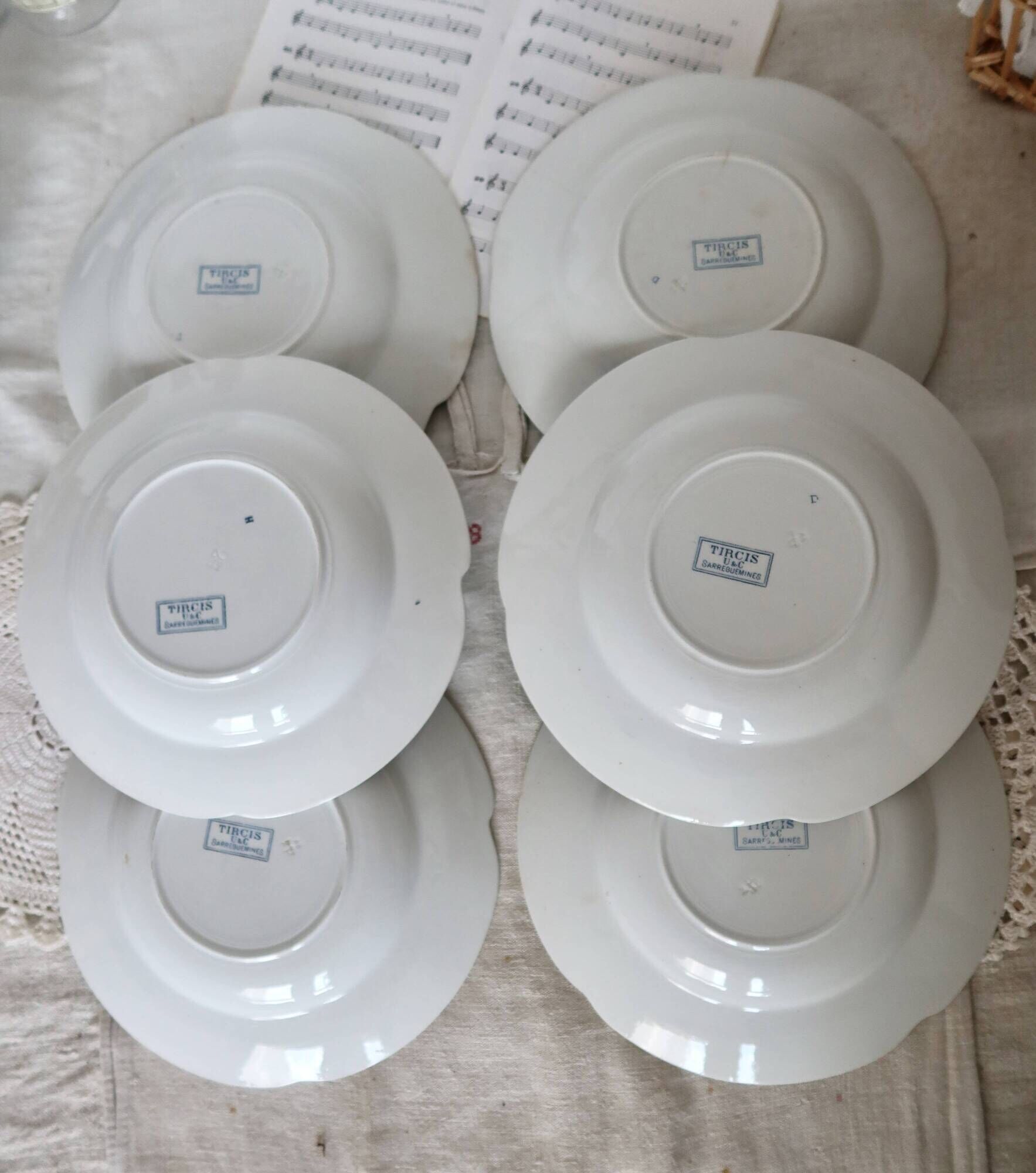 6 soup plates - Tircis model - Antique 82-piece Sarreguemines earthenware dinnerware set