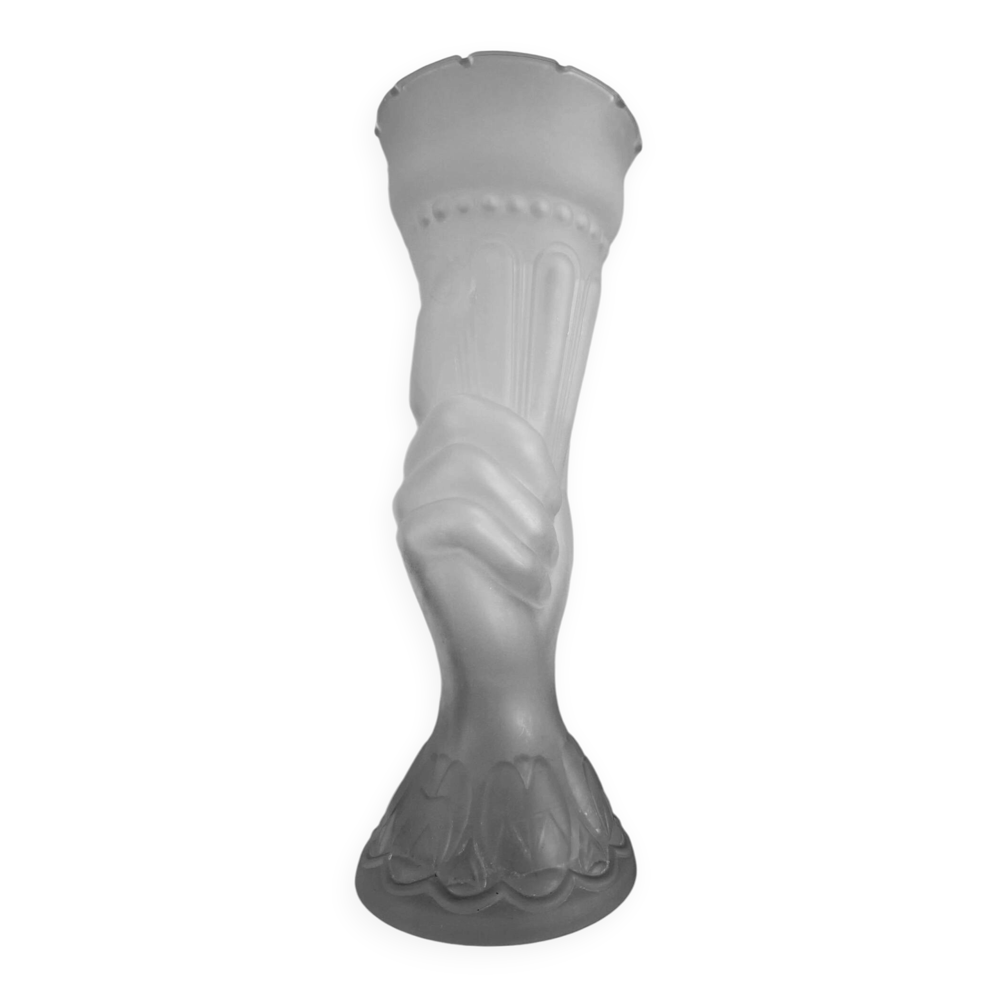 Antique vase "Hand with horn" in frosted glass, Portieux / Legras style.