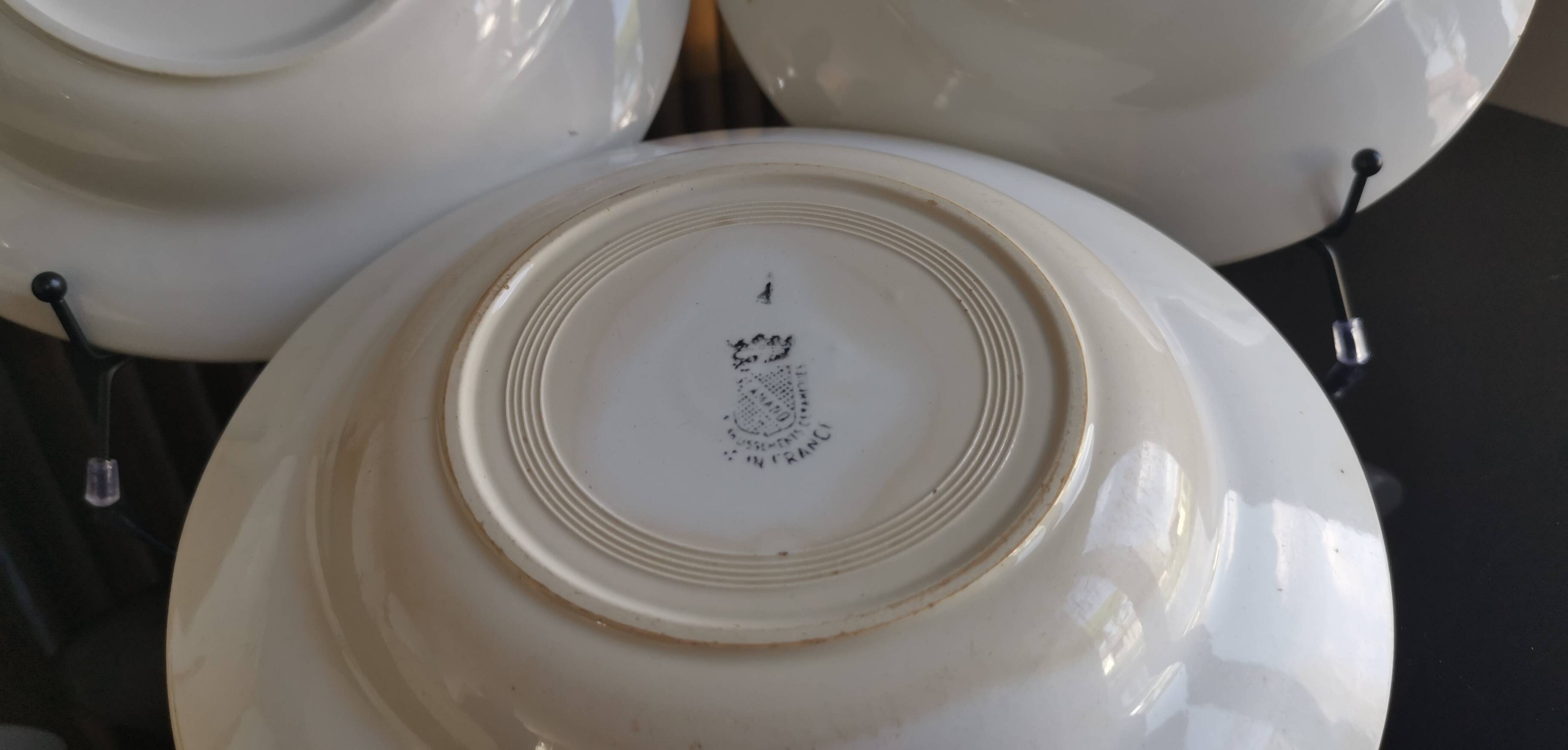 6 old plates mismatched geometric patterns Moulin des Loups, St Amand