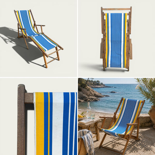 Transat chilienne ancienne toile rayée bleu & jaune patine d’origine