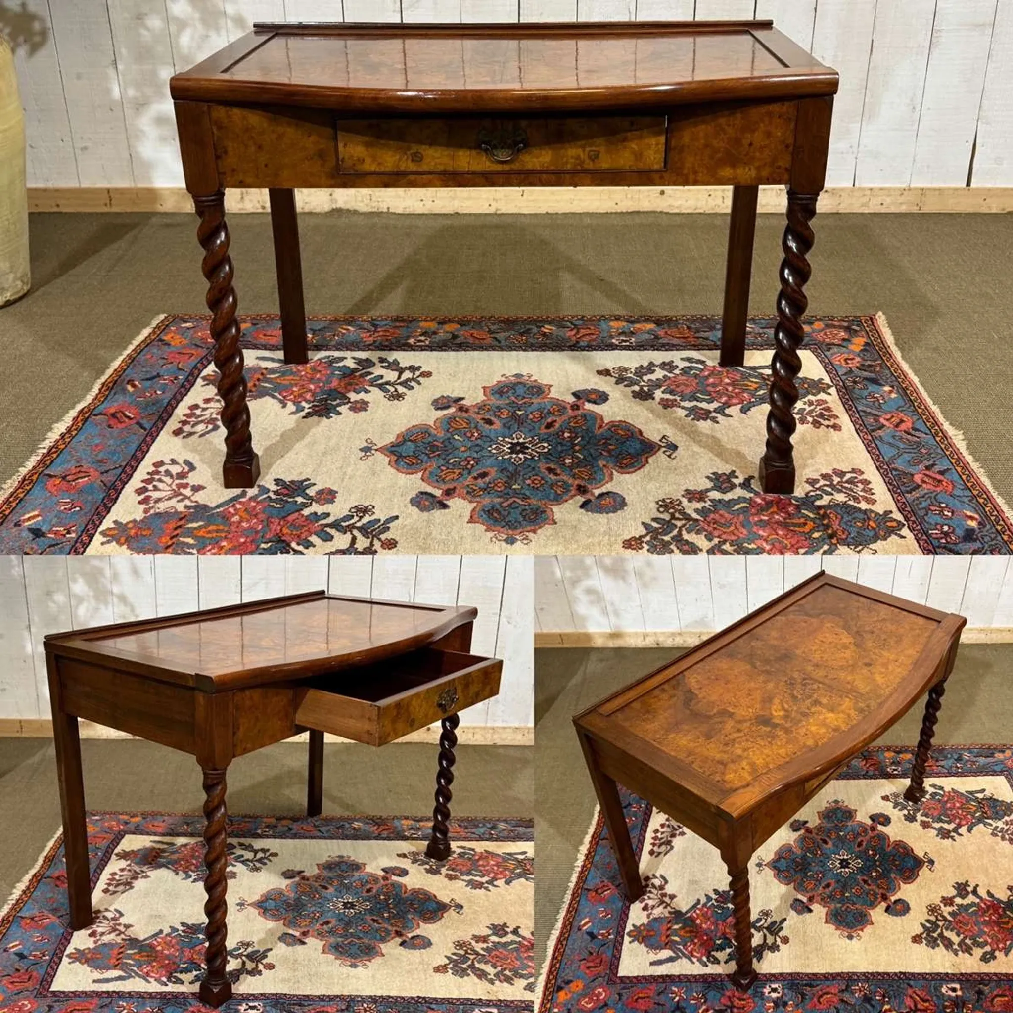 English desk table in walnut burl from the early 20th century.