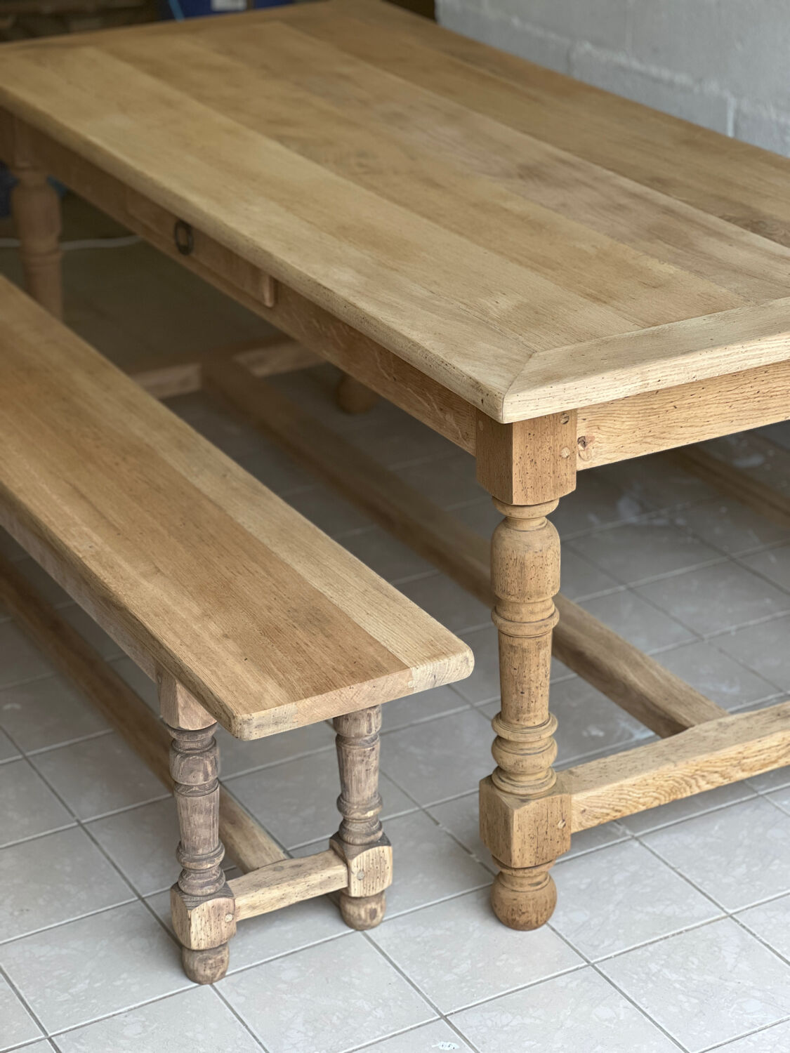 Farm table and its 2 solid oak benches.