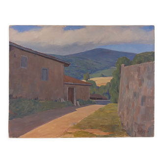 Old painting, Landscape Monts du Lyonnais, signed and dated 1946
