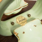 Vintage decorative plate in wood and ceramic with green shells, France, 1960s.