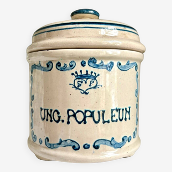 Apothecary jar "ONG. POPULEUM" in glazed ceramic