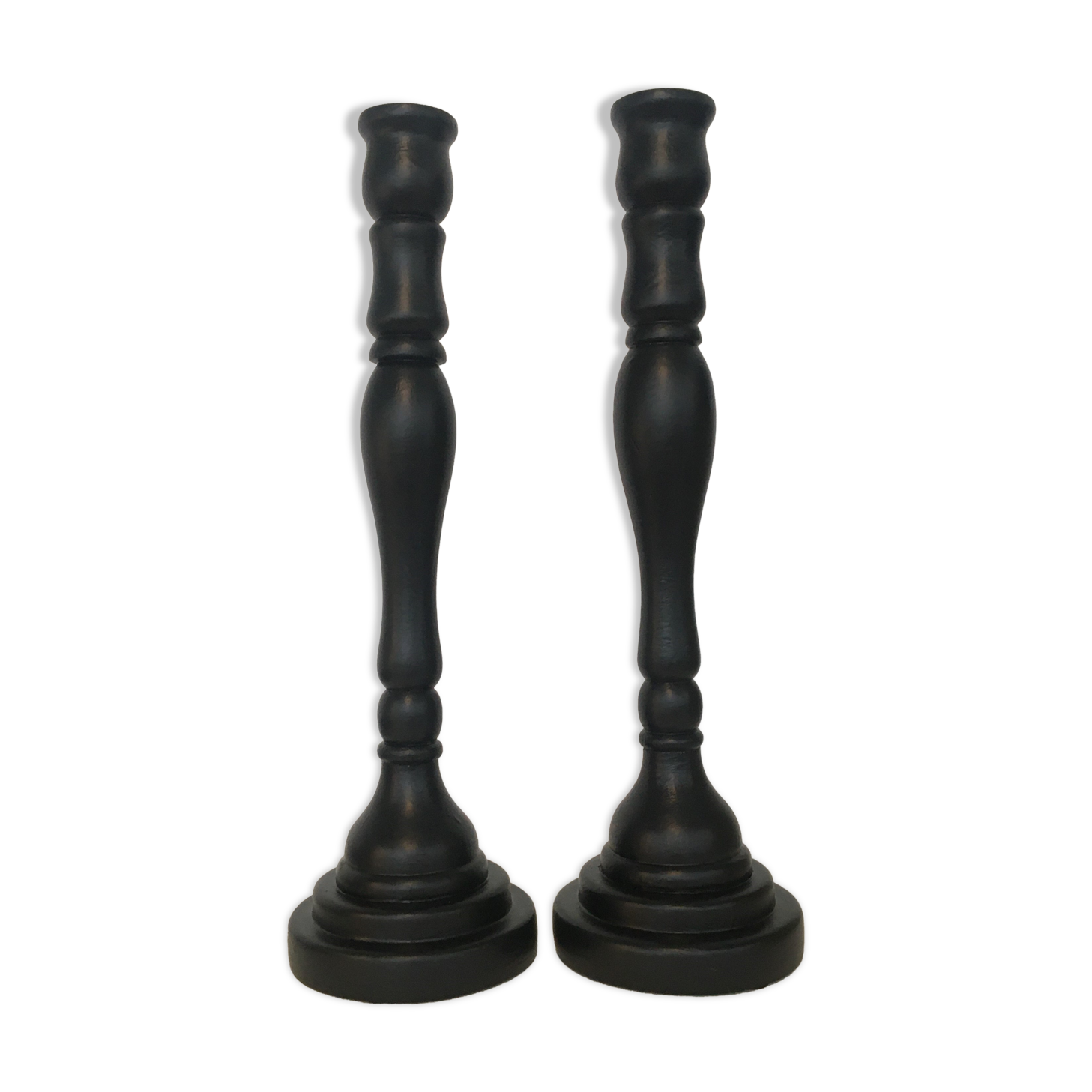 Pair black wood candle holders H52cm