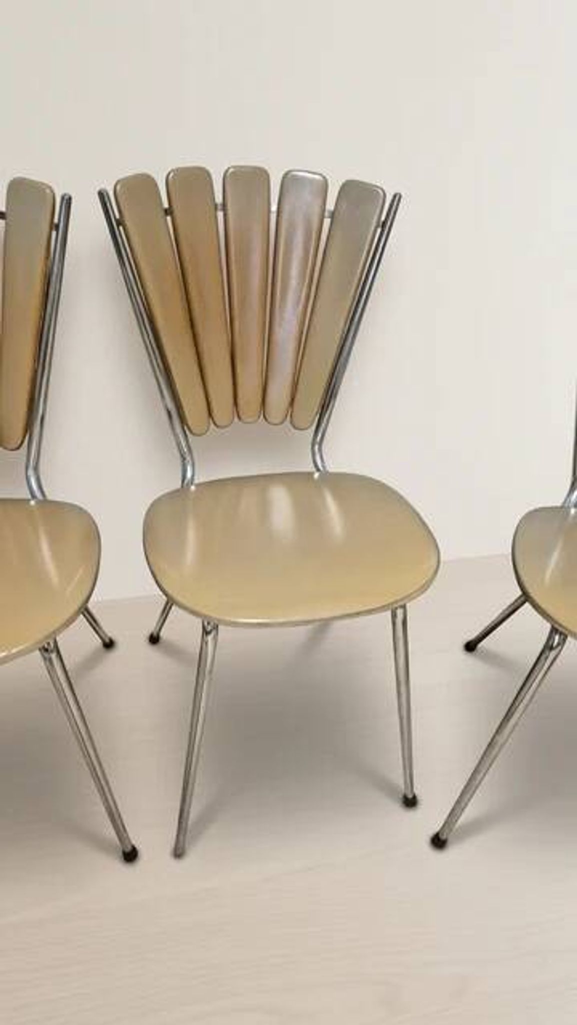 Set of 6 vintage fan-back dining chairs with beige leatherette upholstery
