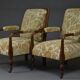 Paire de fauteuils édouardiens en hêtre, tissu vintage