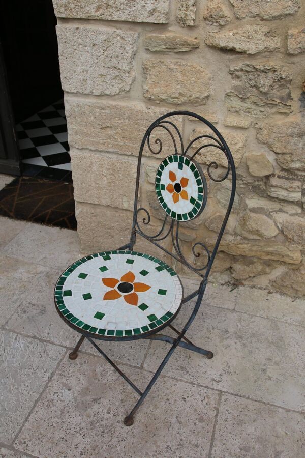 Chaise de jardin pliante fer forgé et mosaïque