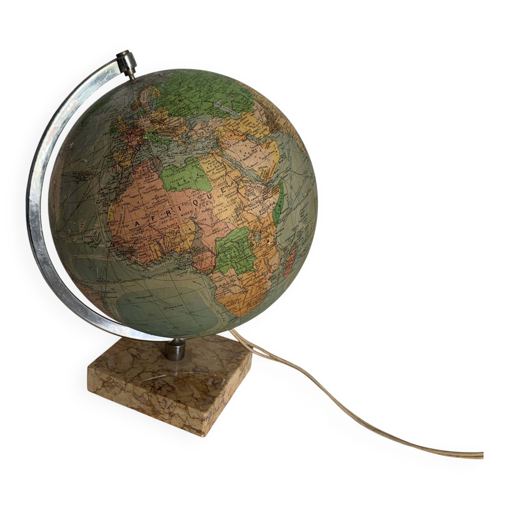Vintage 1960 terrestrial globe glass Perrina marble world map - 28 cm
