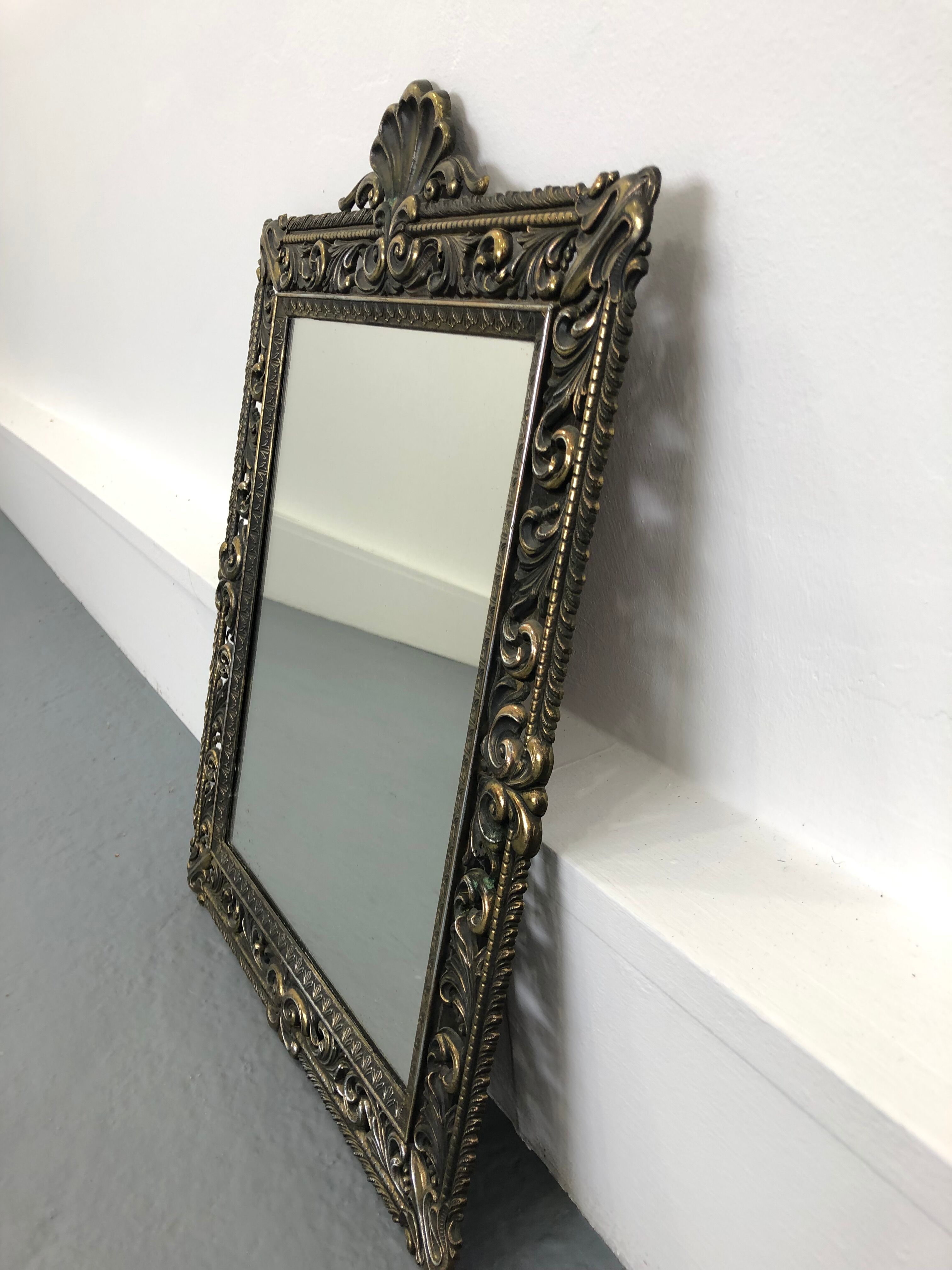 Vintage wall mirror t brass frame, italy, 1950 s