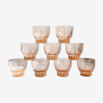 9 Verres rose à liqueur vintage style Art déco Made in France