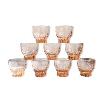 9 Verres rose à liqueur vintage style Art déco Made in France