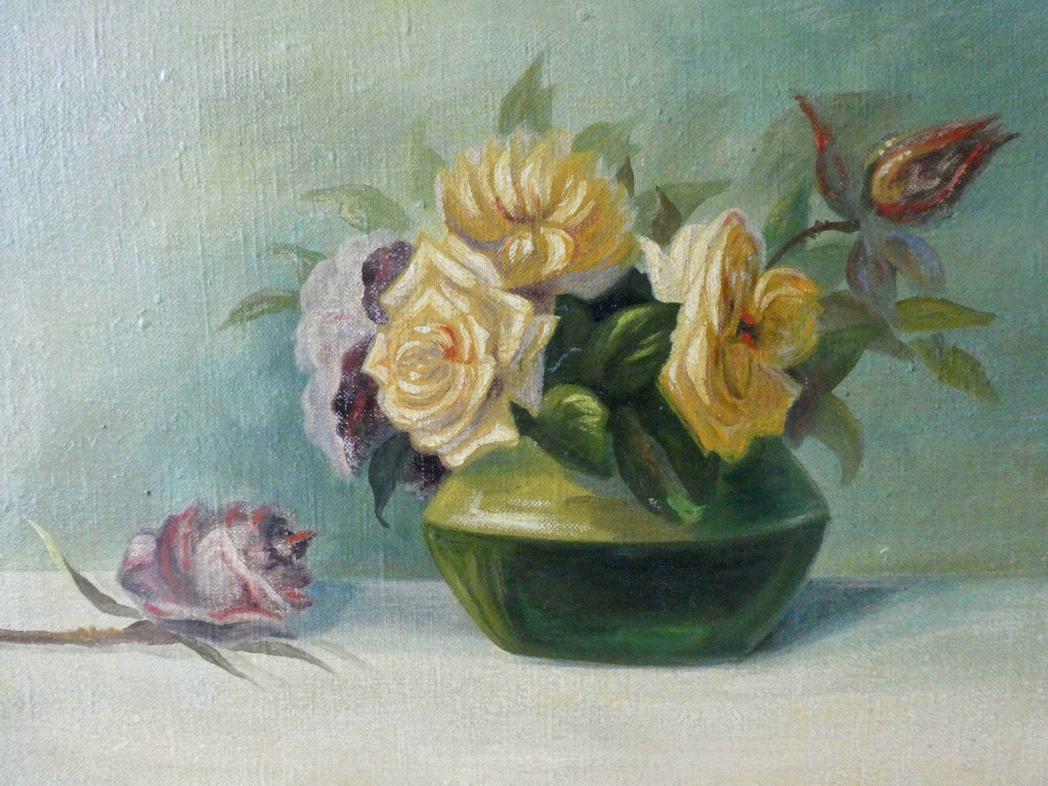 Painting, oil on canvas, bouquet of flowers, roses, 20s