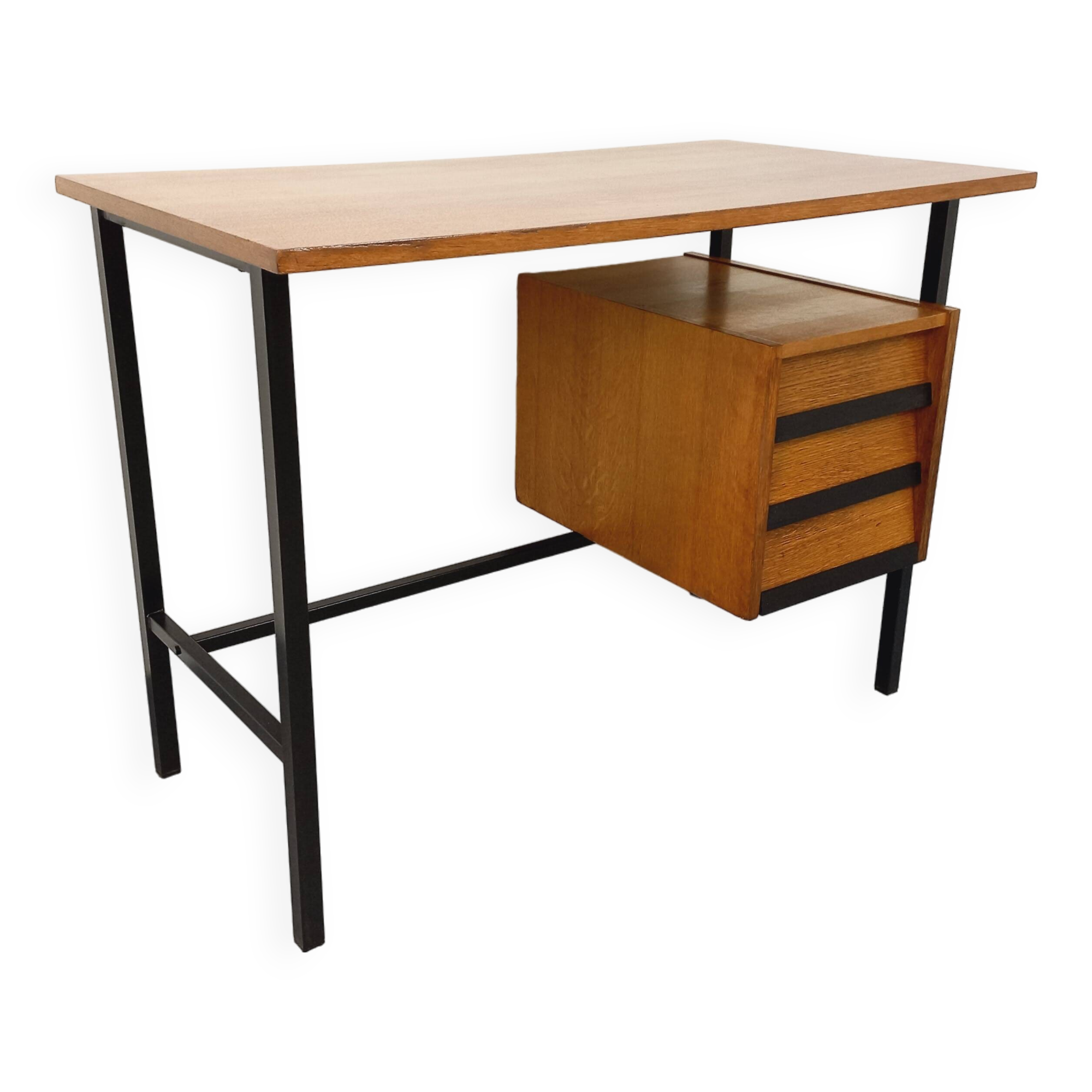 Vintage modernist desk in wood and black metal from the 60s
