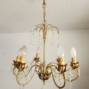 Messing vergoldet 6-Licht Kronleuchter Lampe Wasserfall Kristall 1950-1970