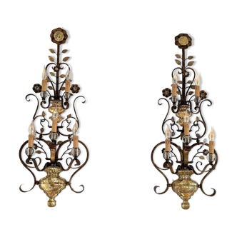 Italian Crystal and Gilt Wrought Iron Wall Sconces by Banci Florence, 1960s