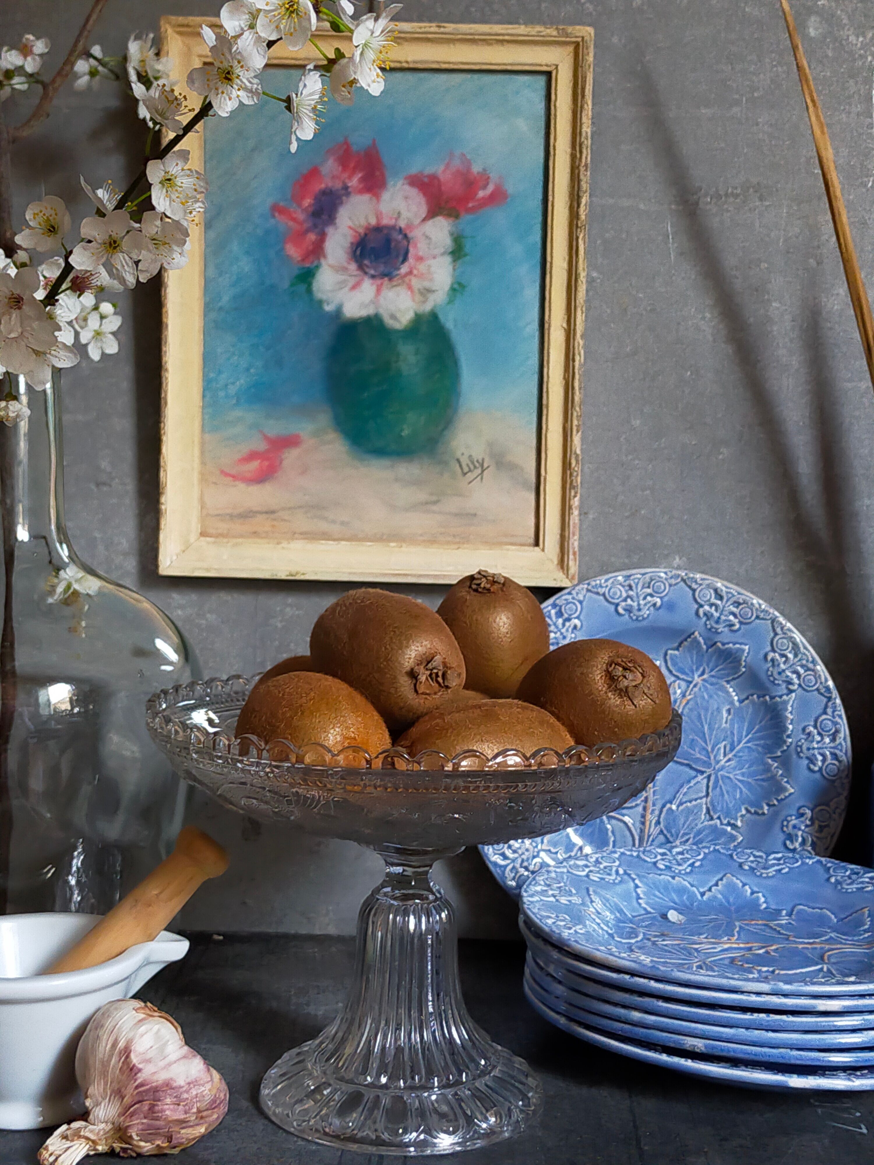 Pastel encadré "Les anémones" vintage