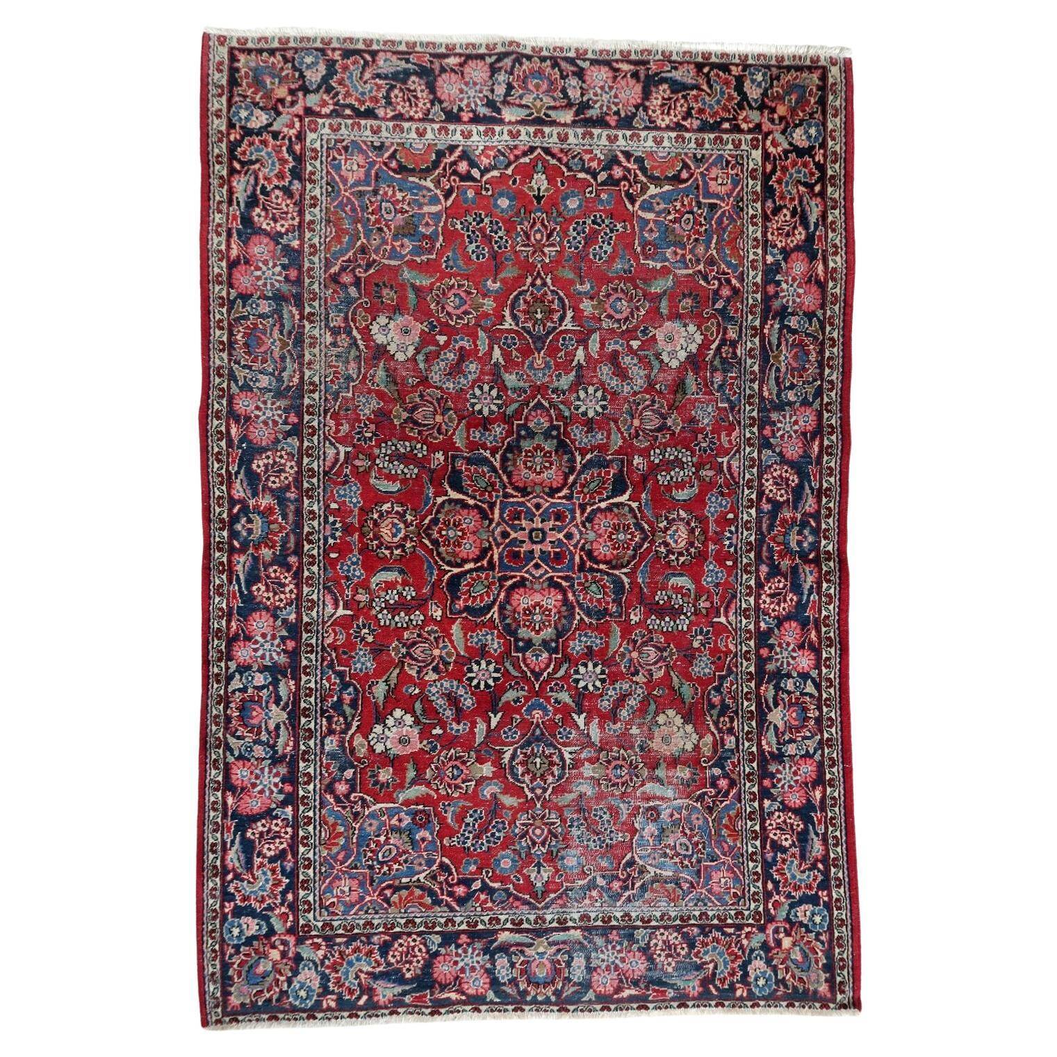 Handmade 1920s Persian Kashan rug 134 x 208 cm - deep ruby & indigo (1C1194)