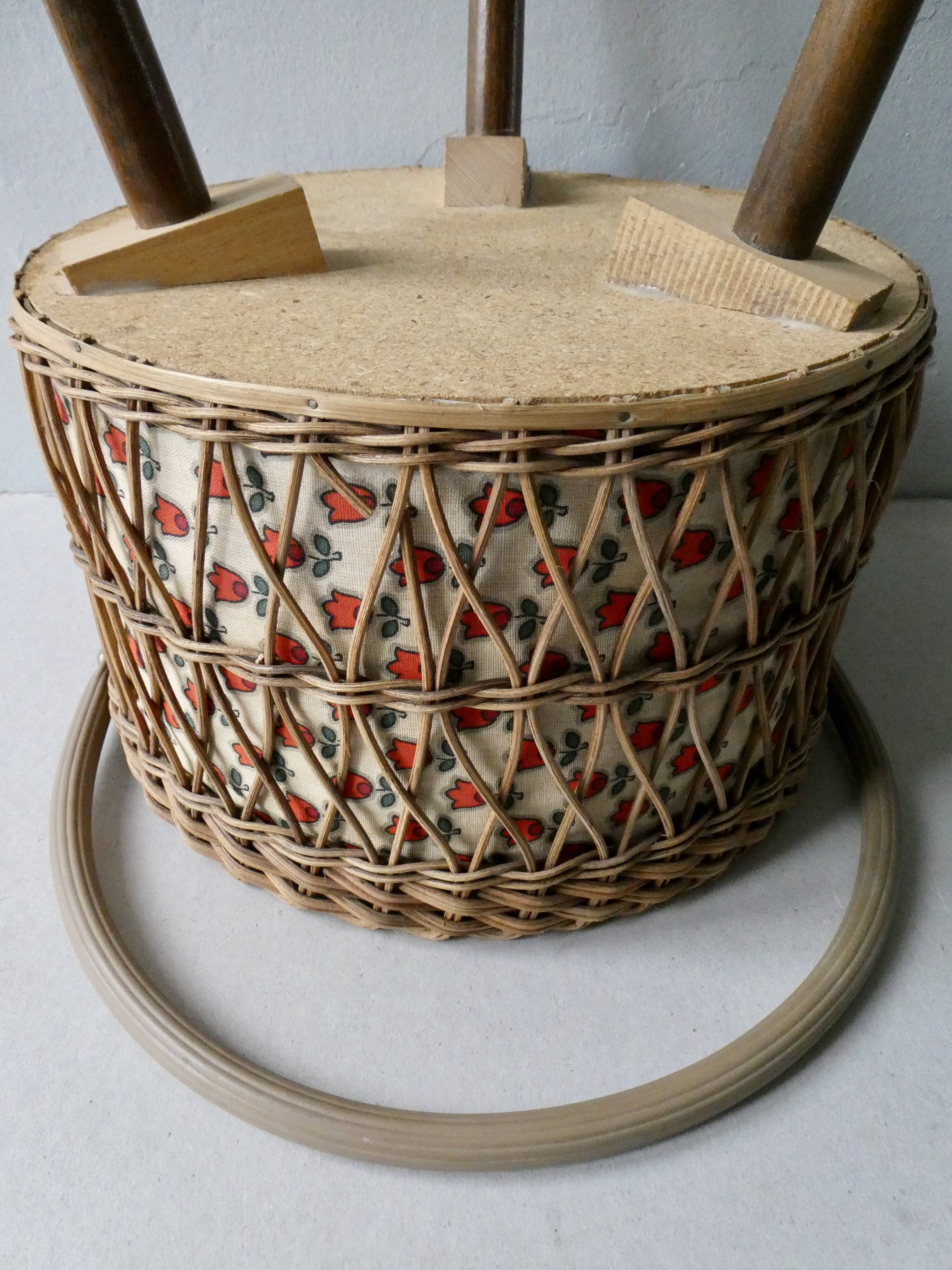 Tripod worker, sewing box, rattan and wood, 60s