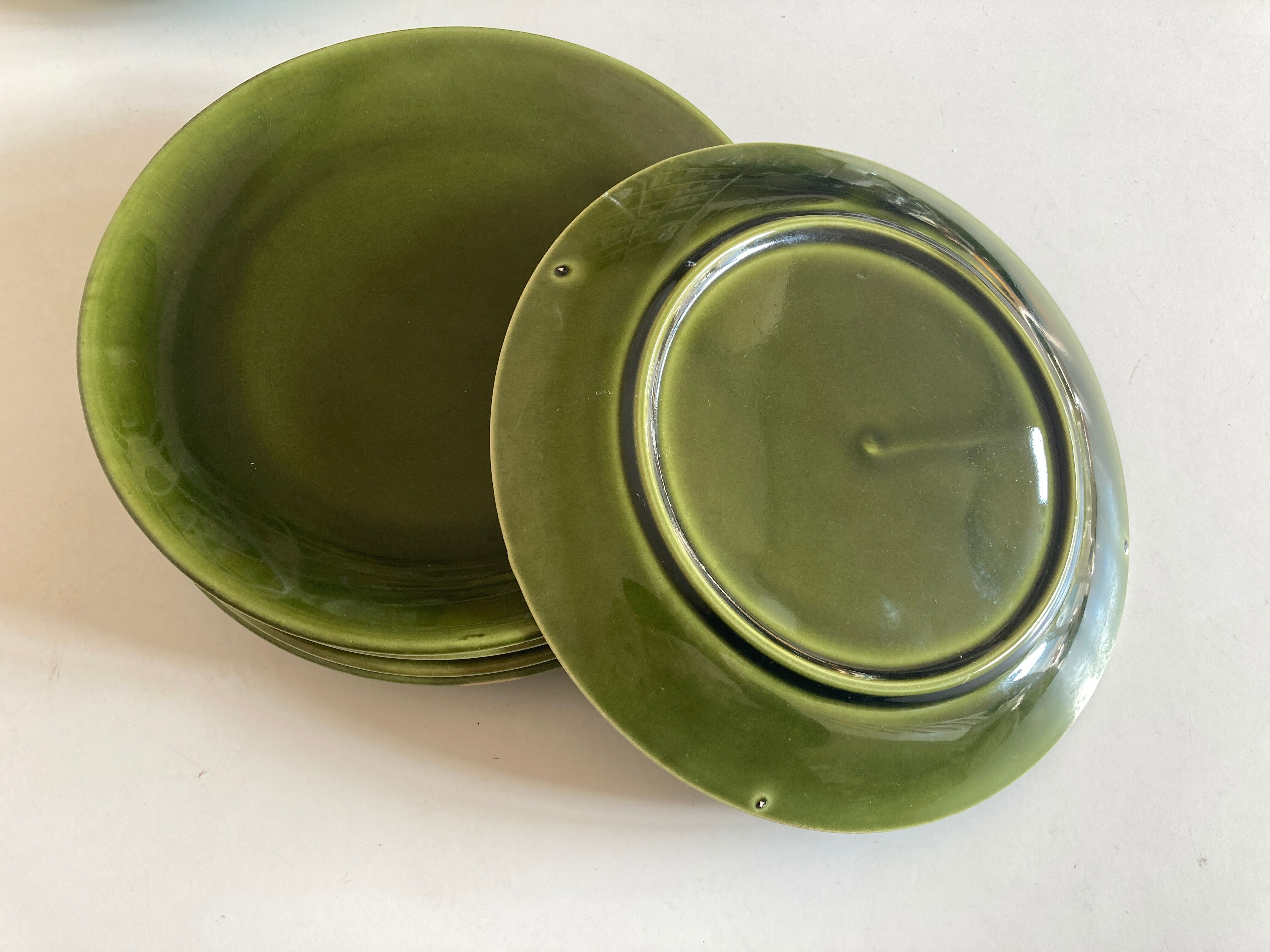 set of 6 flat plates 1960 in green faience