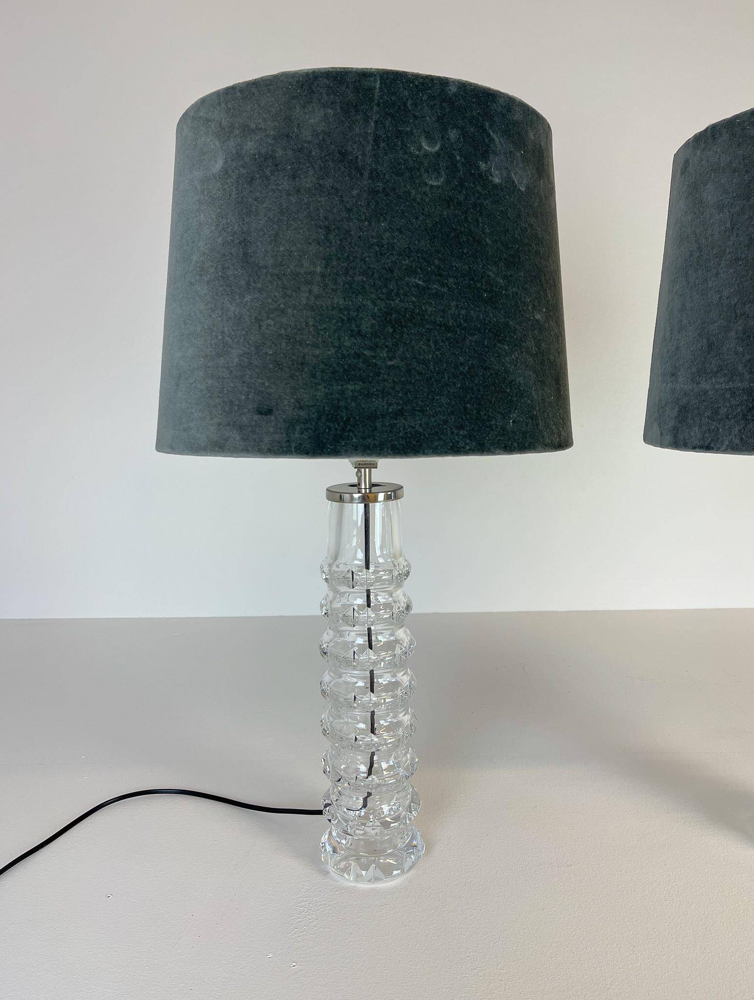 Pair of mid-century crystal lamps by Carl Fagerlund for Orrefors Sweden, 1970s.