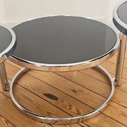 Vintage coffee table with 3 levels and rotating trays in chrome metal and smoked glass - Space Age 1970s.