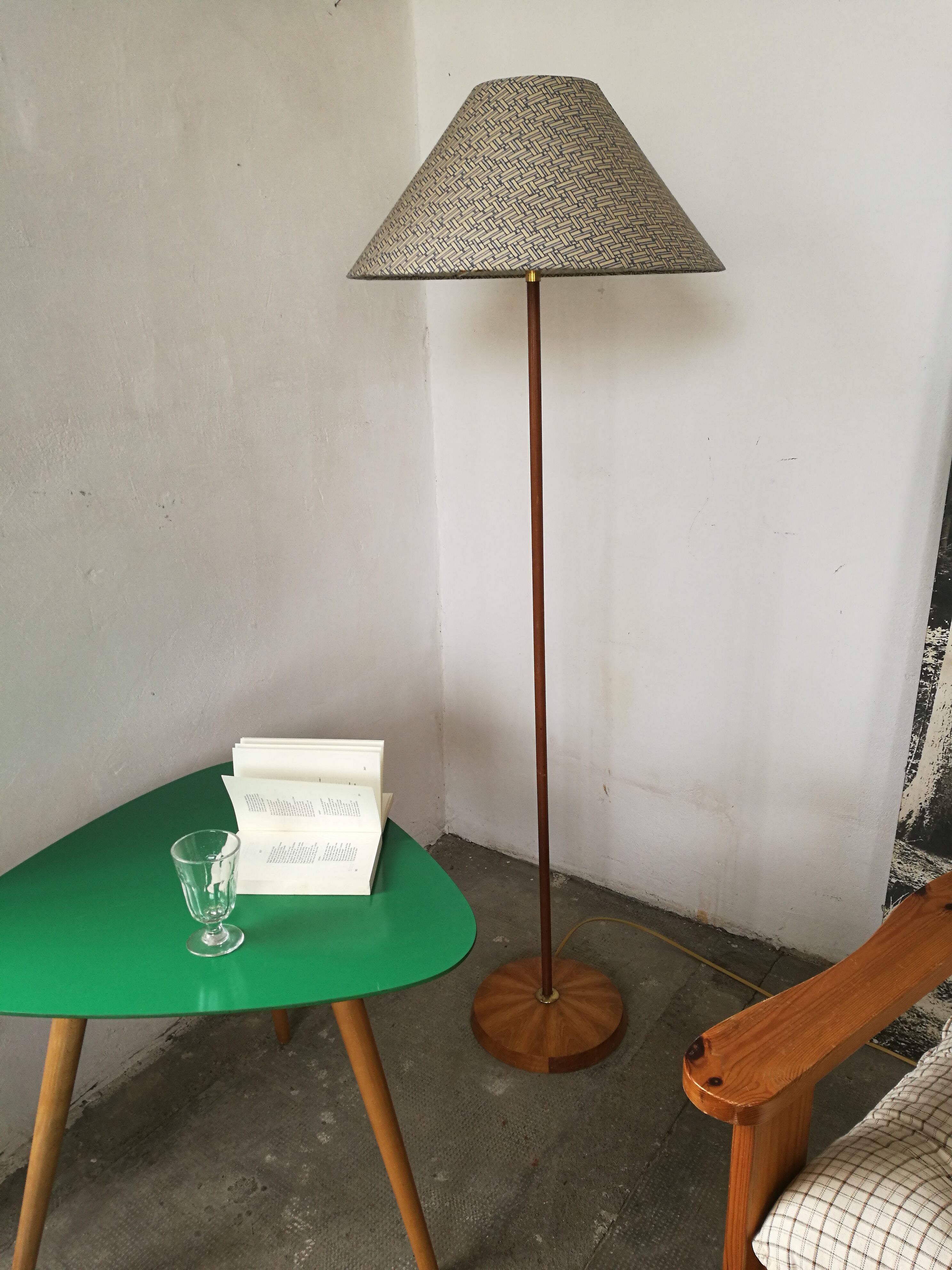 Wood and brass floor lamp