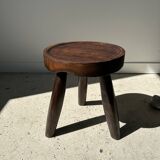 Low hollow upcycled teak tripod stool - Small brown solid wood stool circular seat cr