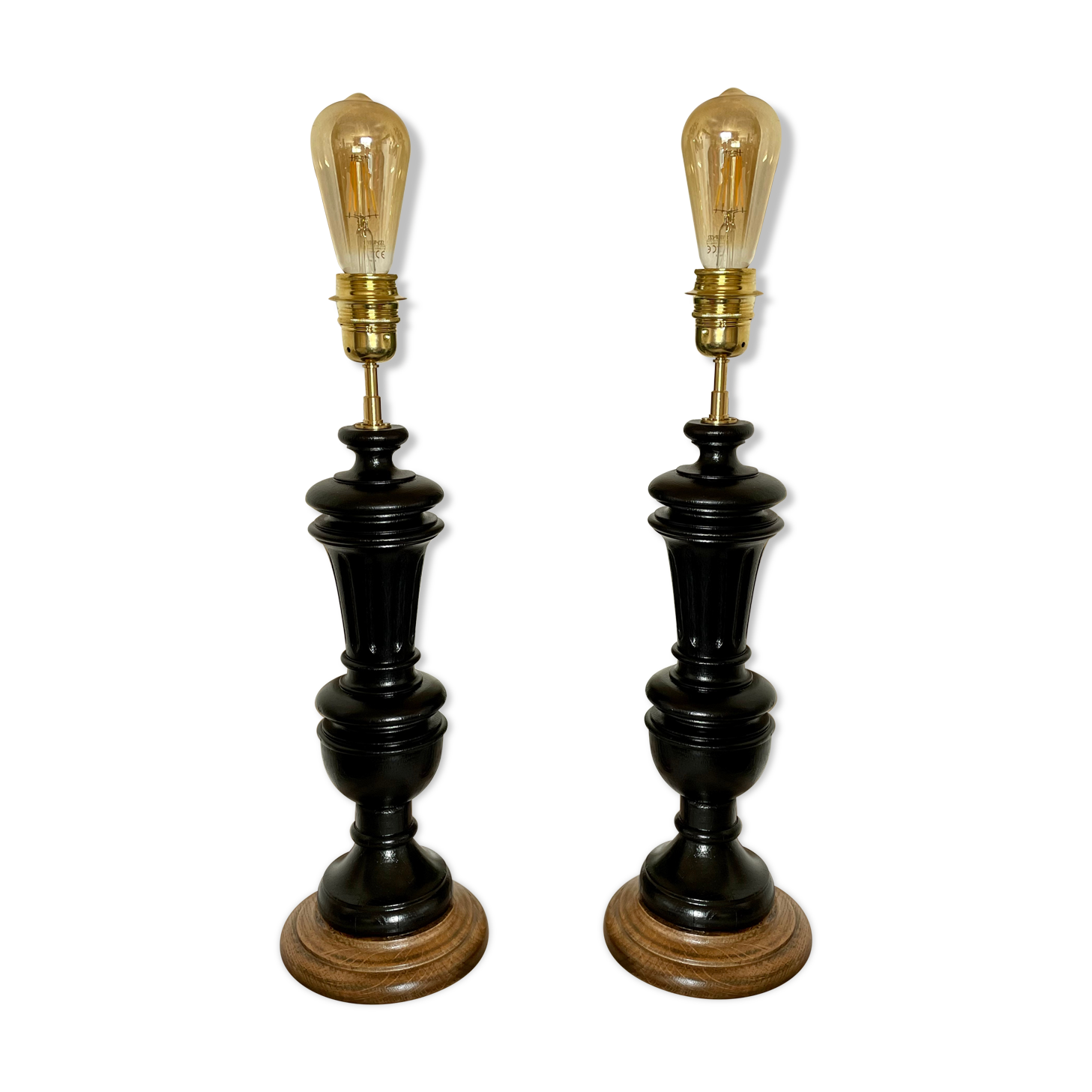 2 pieds de lampe bois et noir