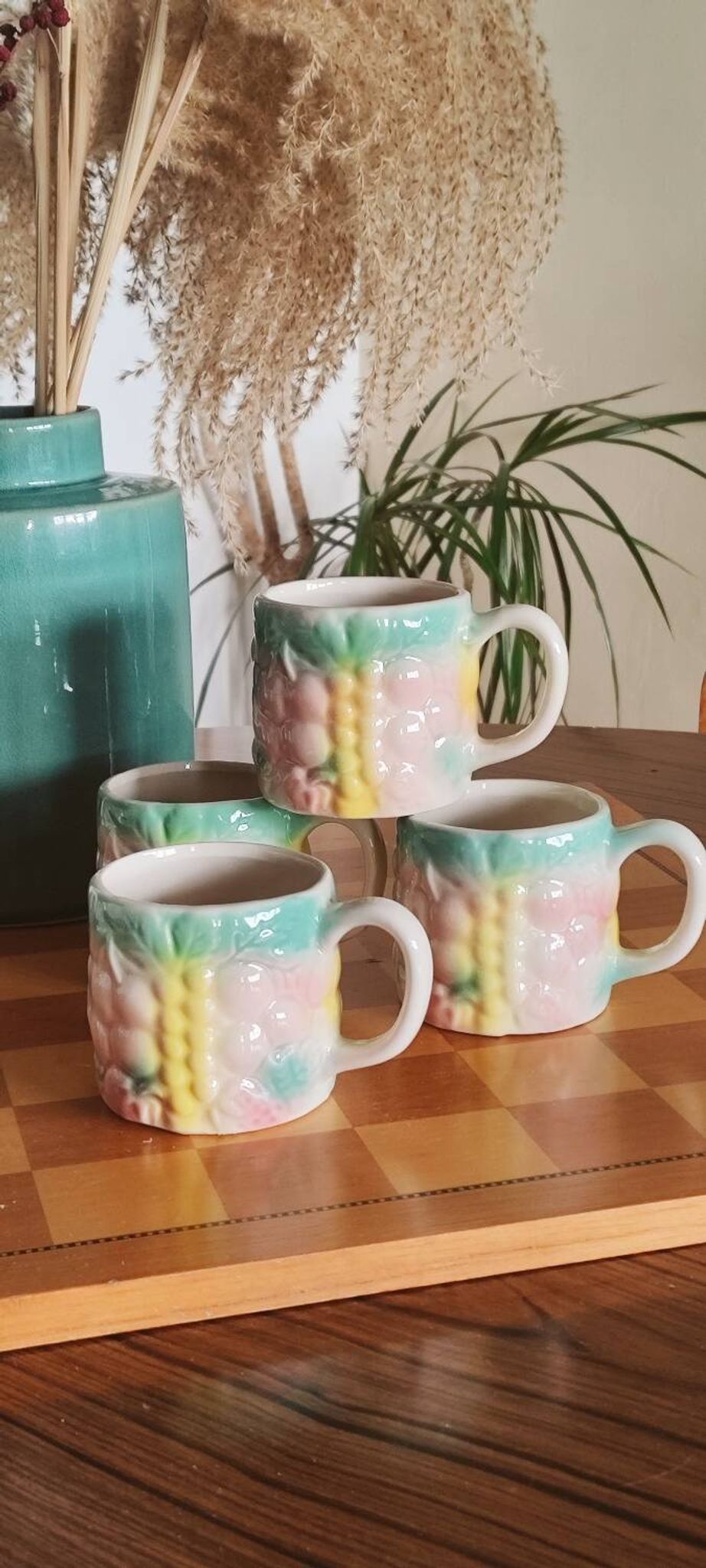 Set of 4 vintage multicoloured slipware coffee cups.