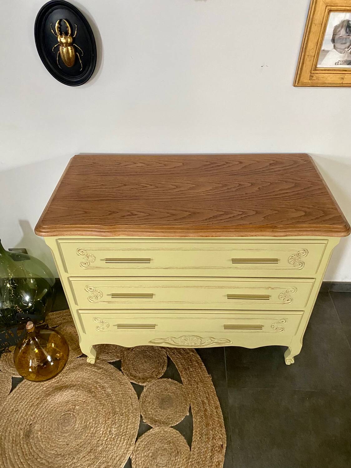 Vintage 3-drawer chest of drawers, redesigned in beige, green and wood