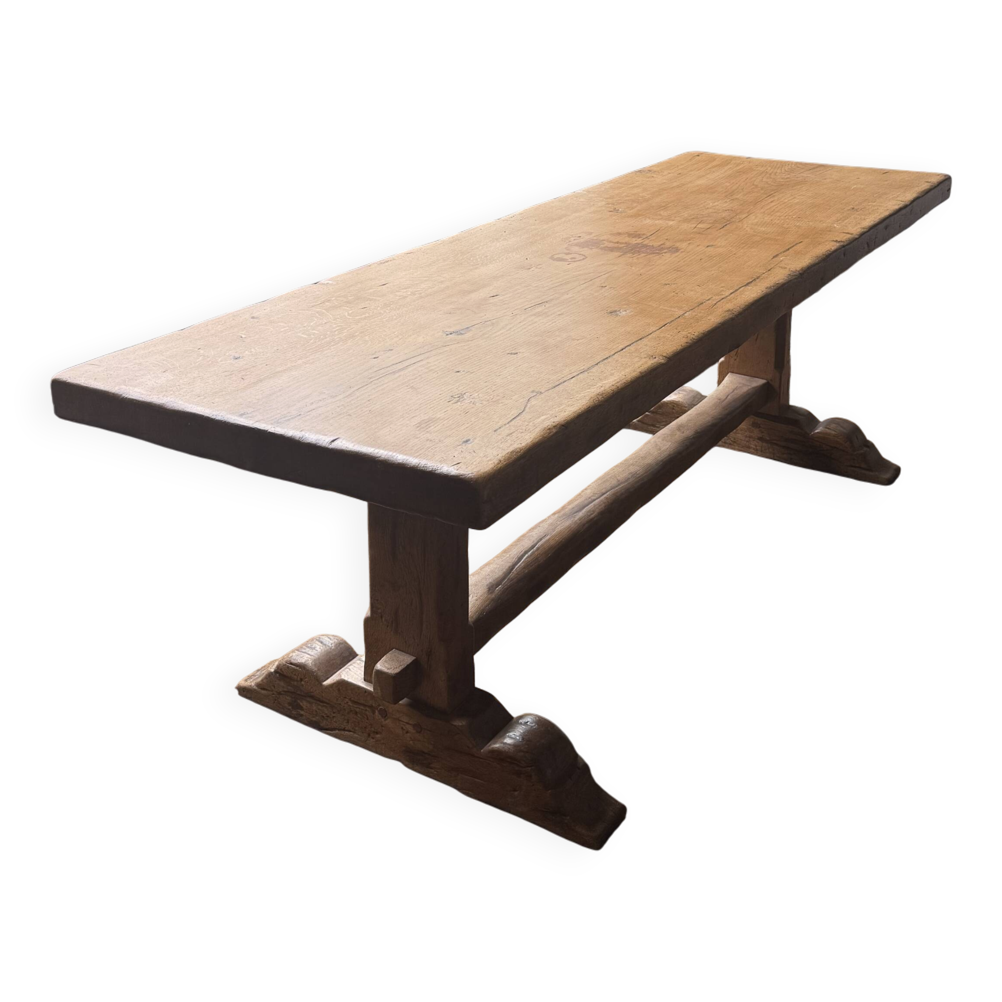 Large antique farmhouse table made of solid wood, in monastery style.